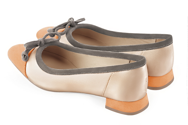 Marigold orange, gold and pebble grey women's ballet pumps, with low heels. Square toe. Flat flare heels. Rear view - Florence KOOIJMAN